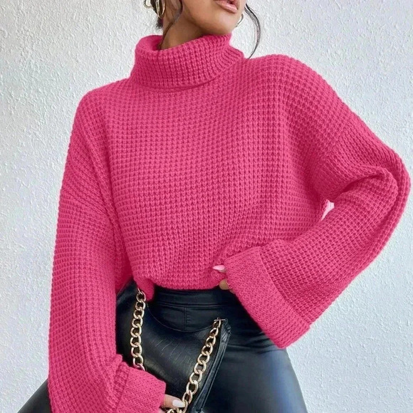 Hot Pink Casual Women's Loose Fit Turtleneck Drop Shoulder Sweater - Picture 3 of 6